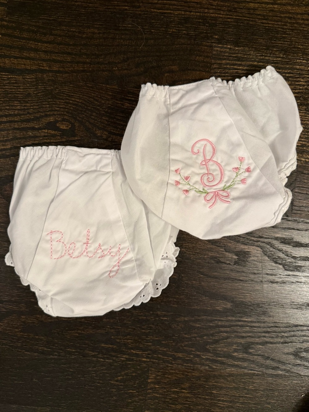 White Embroidered Girls' Bloomer Diaper Covers with Pink Detail